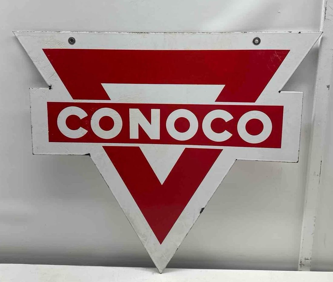 Rare 24" Conoco Triangle Porcelain Sign: Conoco double sided porcelain sign.? Die-cut triangle in a rare 24" size.? Presents with nice color and light wear.