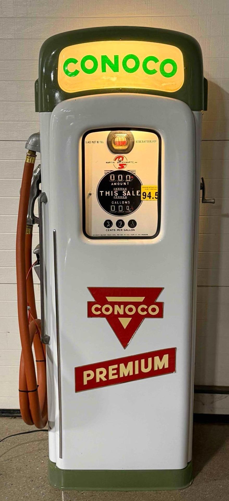 Martin and Schwartz Model 80 "Conoco" Script Top Gasoline Pump: Martin & Schwartz model 80 gasoline pump.? Branded in Conoco?with illuminated top complete with appropriate decals and hose/nozzle.? Well restored and pump displays well.