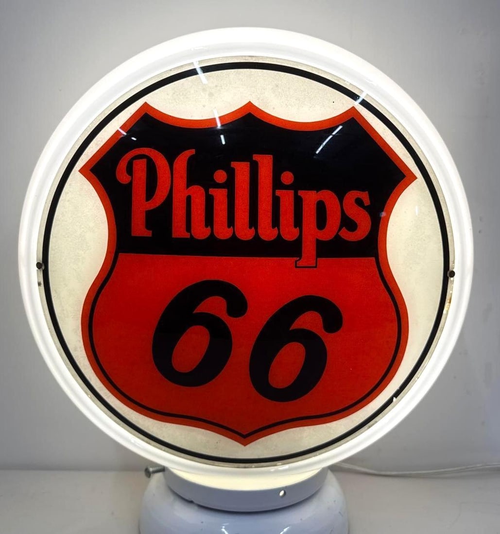 Phillips 66 Gasoline Pump Globe: Phillips 66 gasoline pump globe. Two nice lenses with strong color and light wear mounted in a new wide glass body.