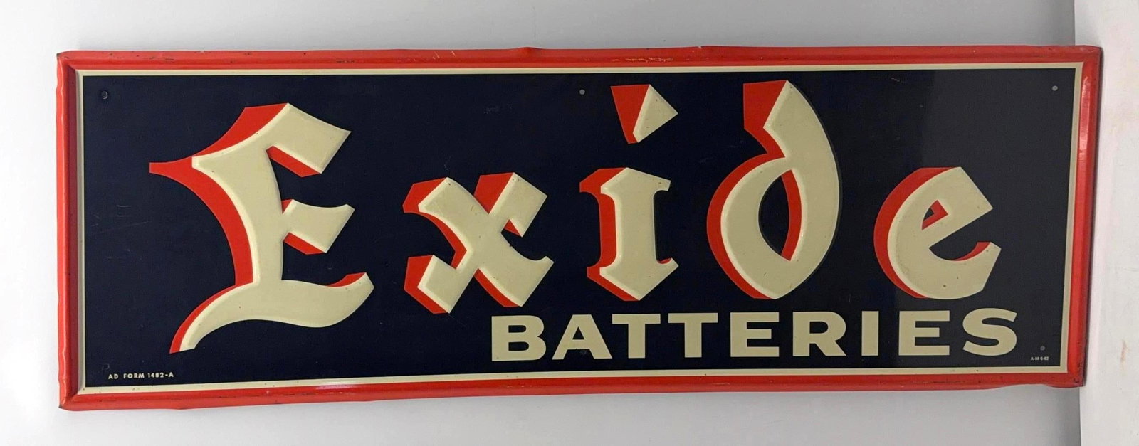 1962 Exide Batteries Sign: 1962 Exide Batteries Sign. Presents with very strong color and light wear.??Marked A-M 6-62 and measures?39.5x13.5.