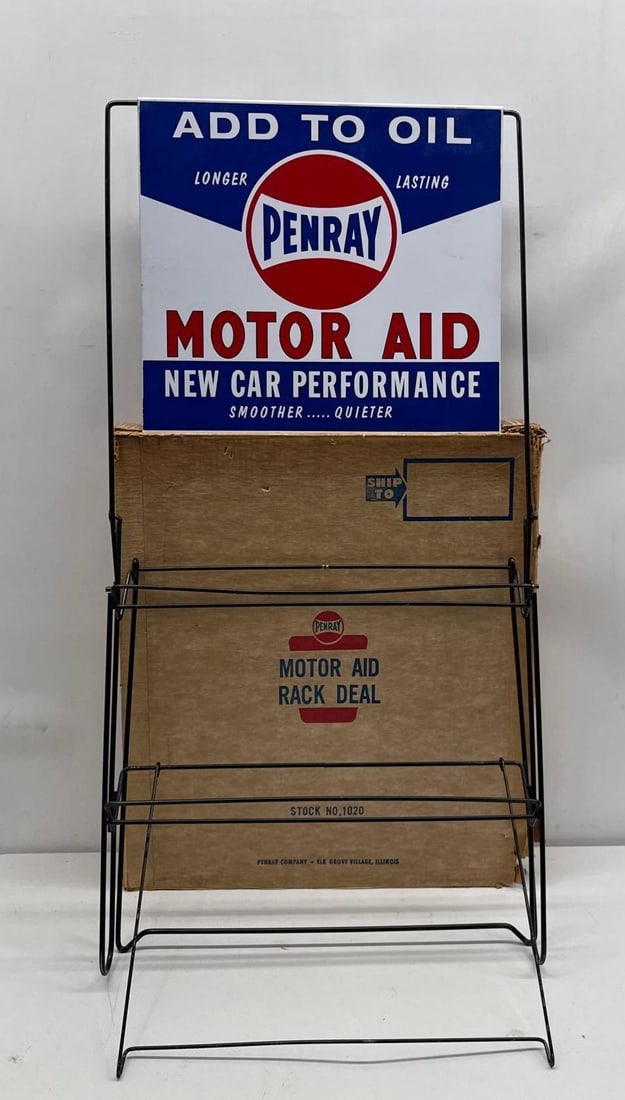 NOS Penn-Ray Motor Aid Can Rack w/ Original Box: PenRay Motor Aid oil can rack. Advertised "New Car Performance" and displays Penray logo. Presents new old stock with nice color, some shelf wear and original box.