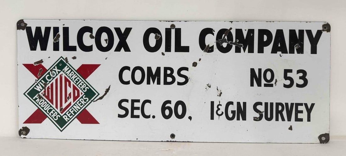 Wilcox Marketers Porcelain Lease Sign: Wilcox Oil Company of Tulsa, Oklahoma single sided porcelain oil well lease sign. Marks the Combs lease well No. 53.? Presents with nice color and some chips.? Measures 10x26