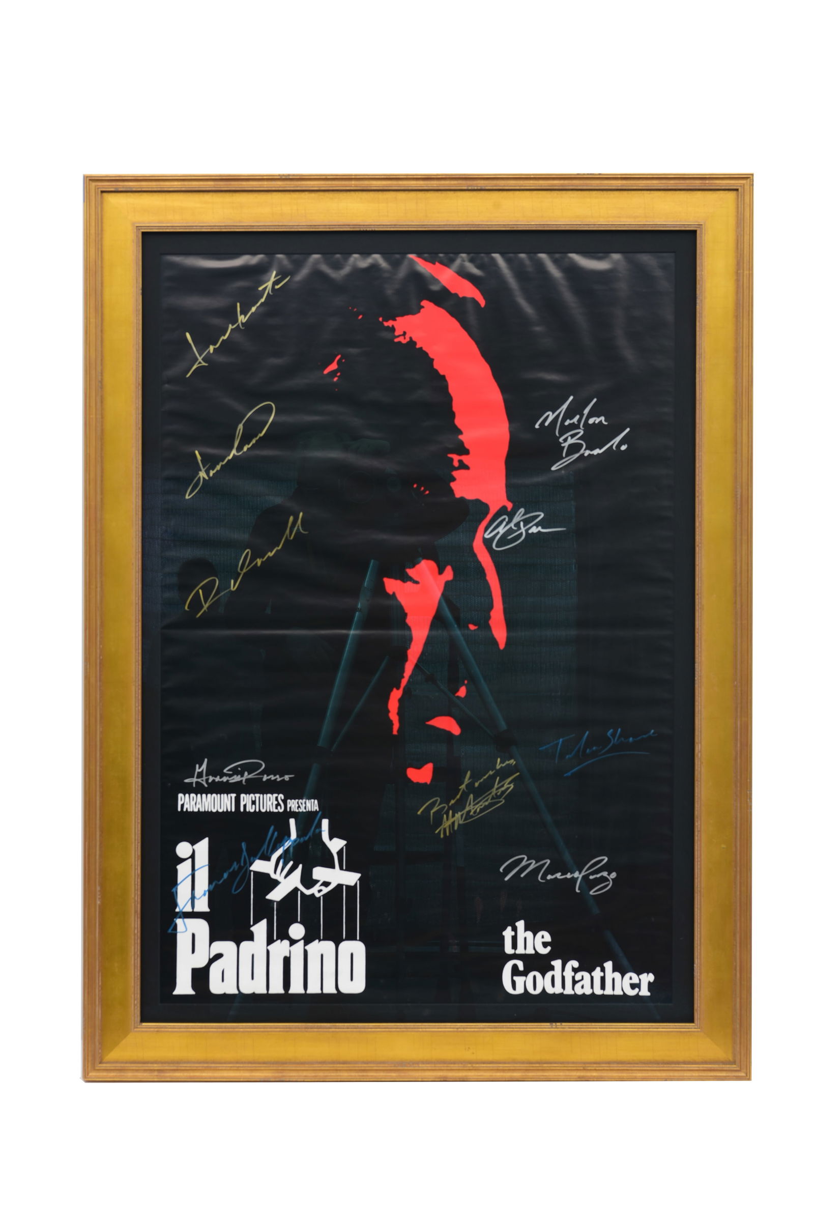 A Cast Signed Original Movie Poster for “......The Godfather??......: For the 1997 Italian release, signed by Marlon Brando, Al Pacino, Robert Duvall, Mario Puzo and others 38 ½” x 26 ¼” In giltwood frame Assumed authentic