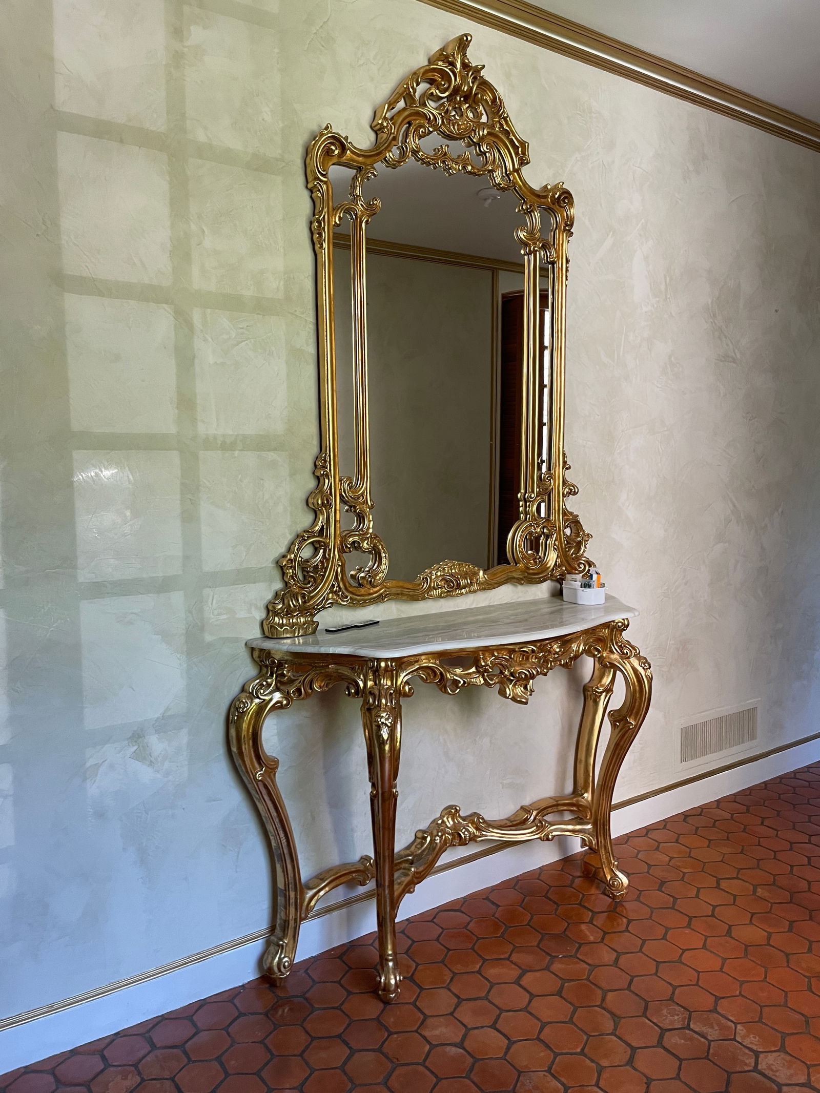 A Louis XV Style Giltwood Overmantel Console Table: Late 20th/21st Century In the rococo style with C-scrolls, the console with white marble top