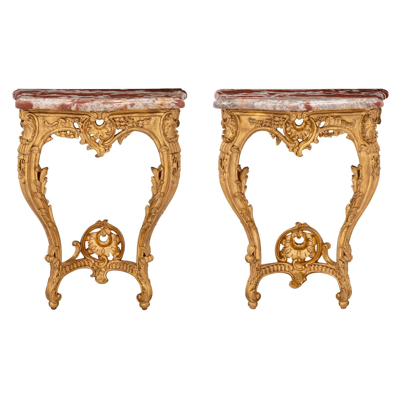 A Pair of Louis XV Style Carved Giltwood Marble Top Console Tables Late 19th Century (1 of 9)