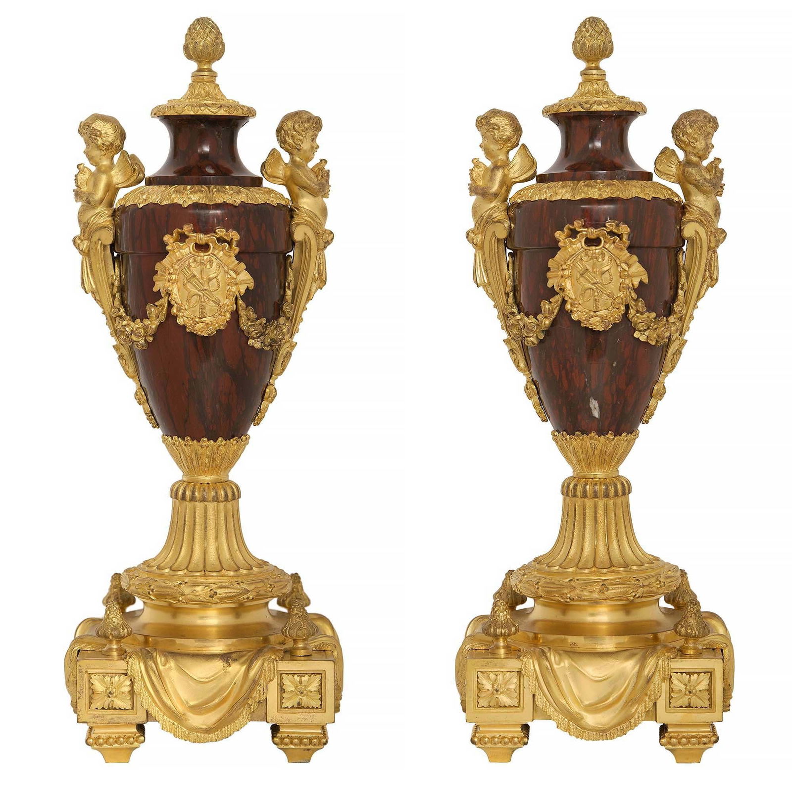 A Pair of French Gilt Bronze Rouge Griotte Marble Garniture Vases Late 19th Century (1 of 7)