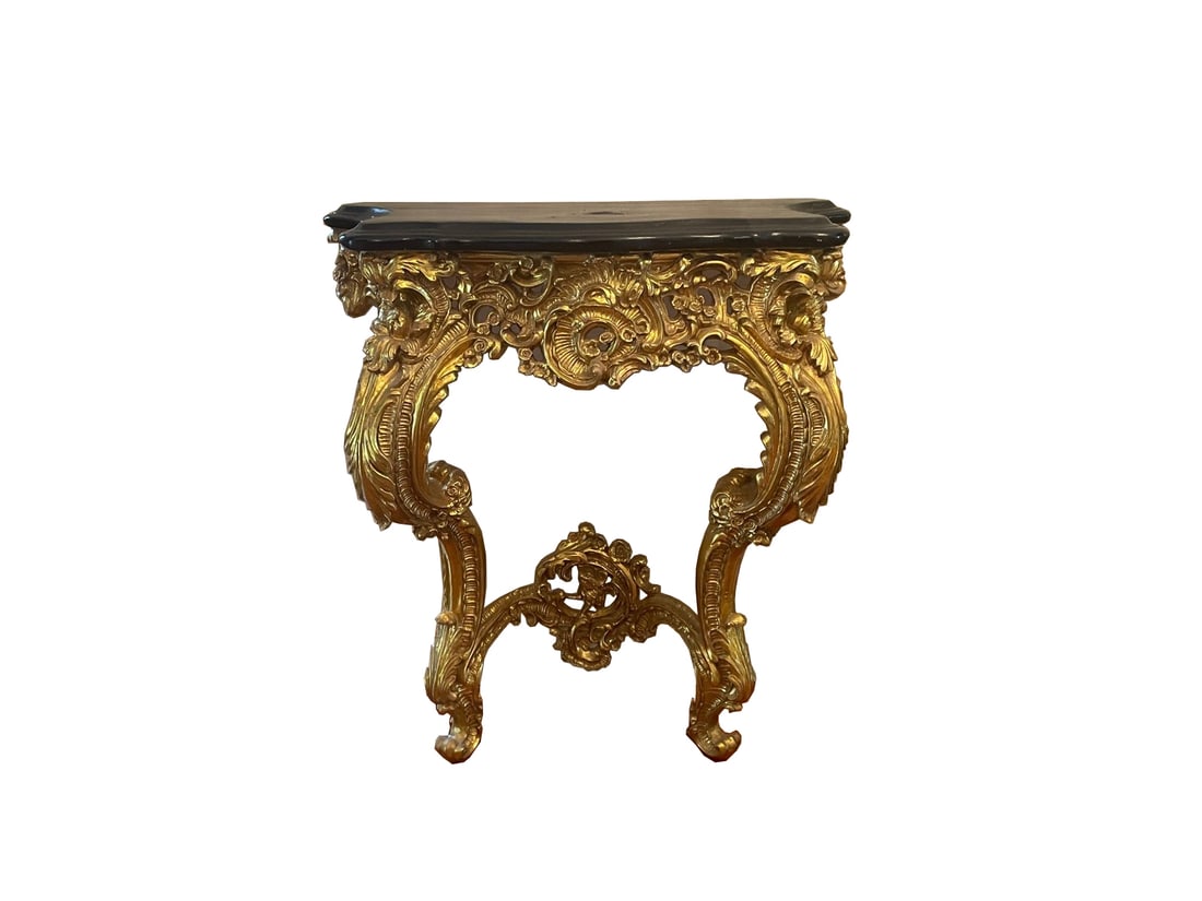 A French Style Gilt Resin Decorative Console Table 21st Century, by Design Toscano: Labeled to underside 37” high x 32” wide x 17” deep