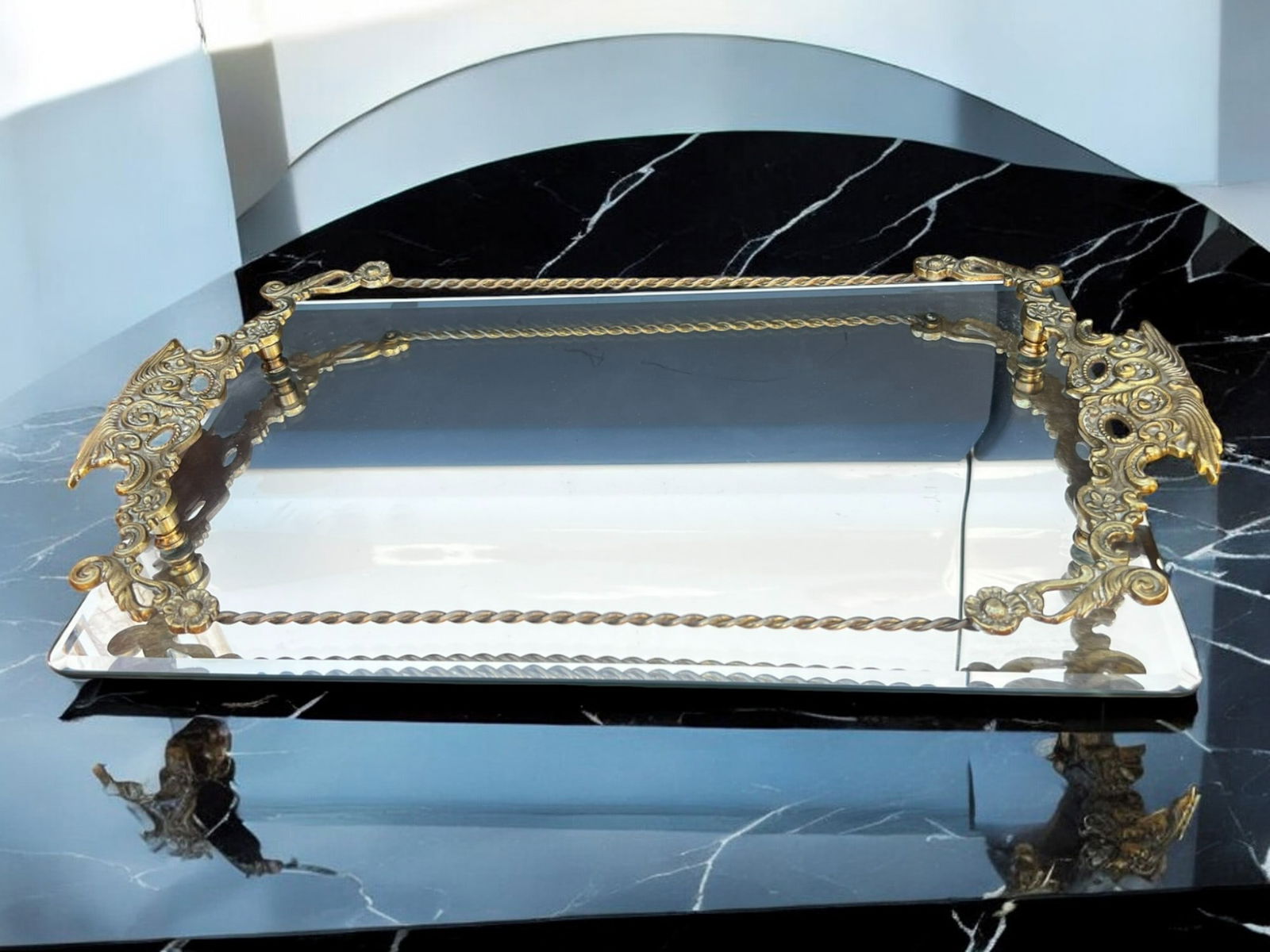 Antique French Brass Rococo Mirrored Serving Vanity Tray (1 of 6)