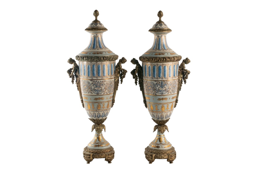 Antique French German Ormolu Porcelain Gilt Bronze Amphora Urn with Goddess Figures (Pair) (1 of 12)