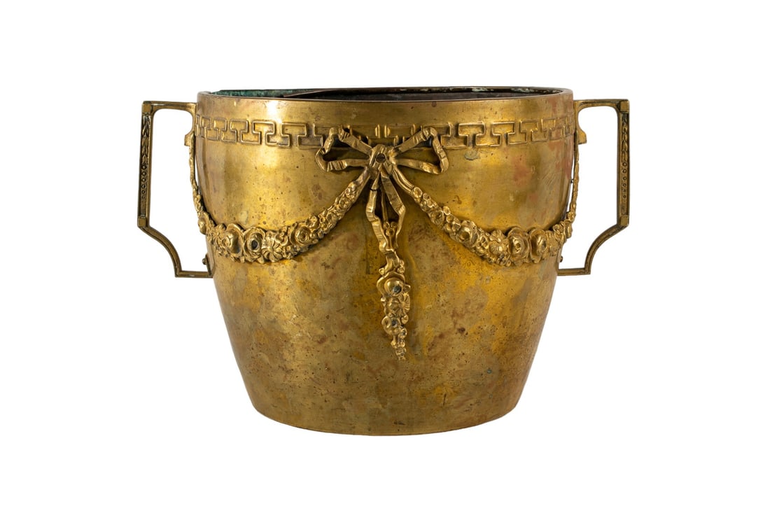 Antique French Large Solid Brass Bronze Flower Planter Pot with Greek Key and Ribbon (1 of 7)
