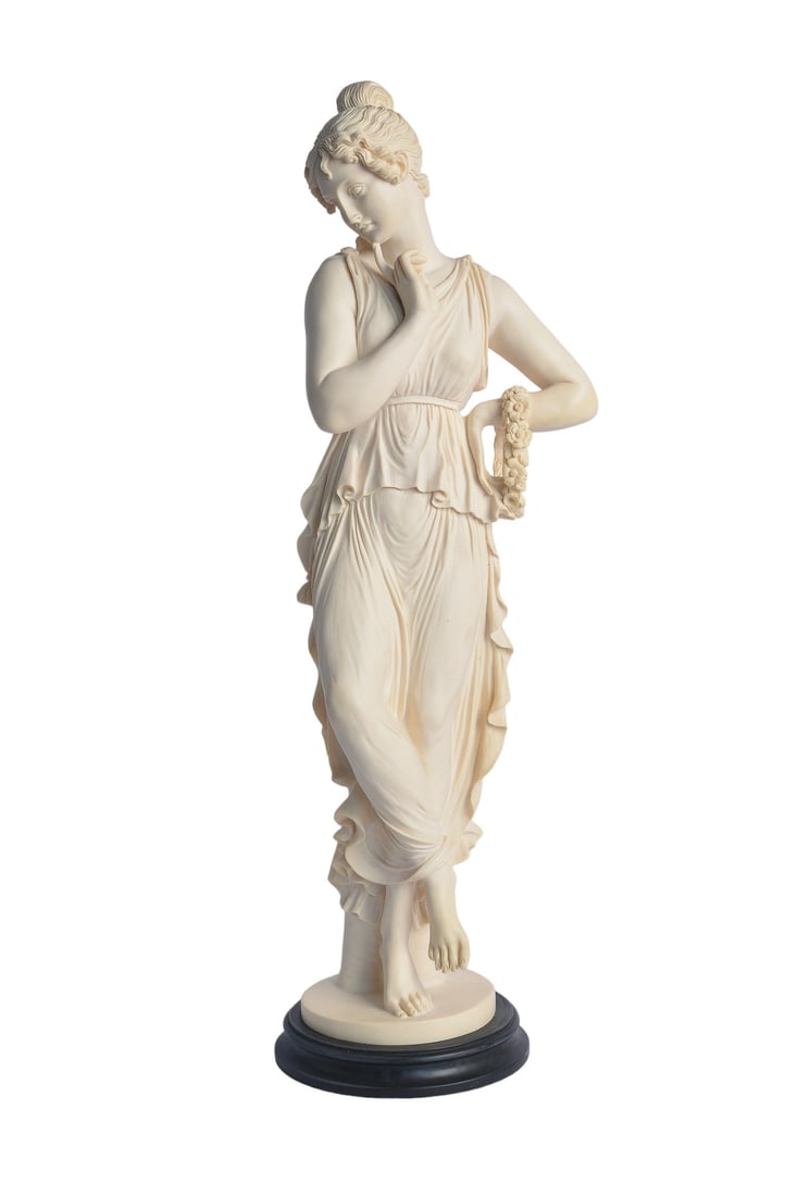 Antique Neoclassical Persephone Queen of the Underworld Aged Marble Statue - 1920c: Neoclassical Persephone Queen of the Underworld Aged Marble Statue, crafted with a blend of marble dust and resin, resting gracefully on a ceramic pedestal. Standing at 25.5" H x 6.5" W x 8.0" L (65 c