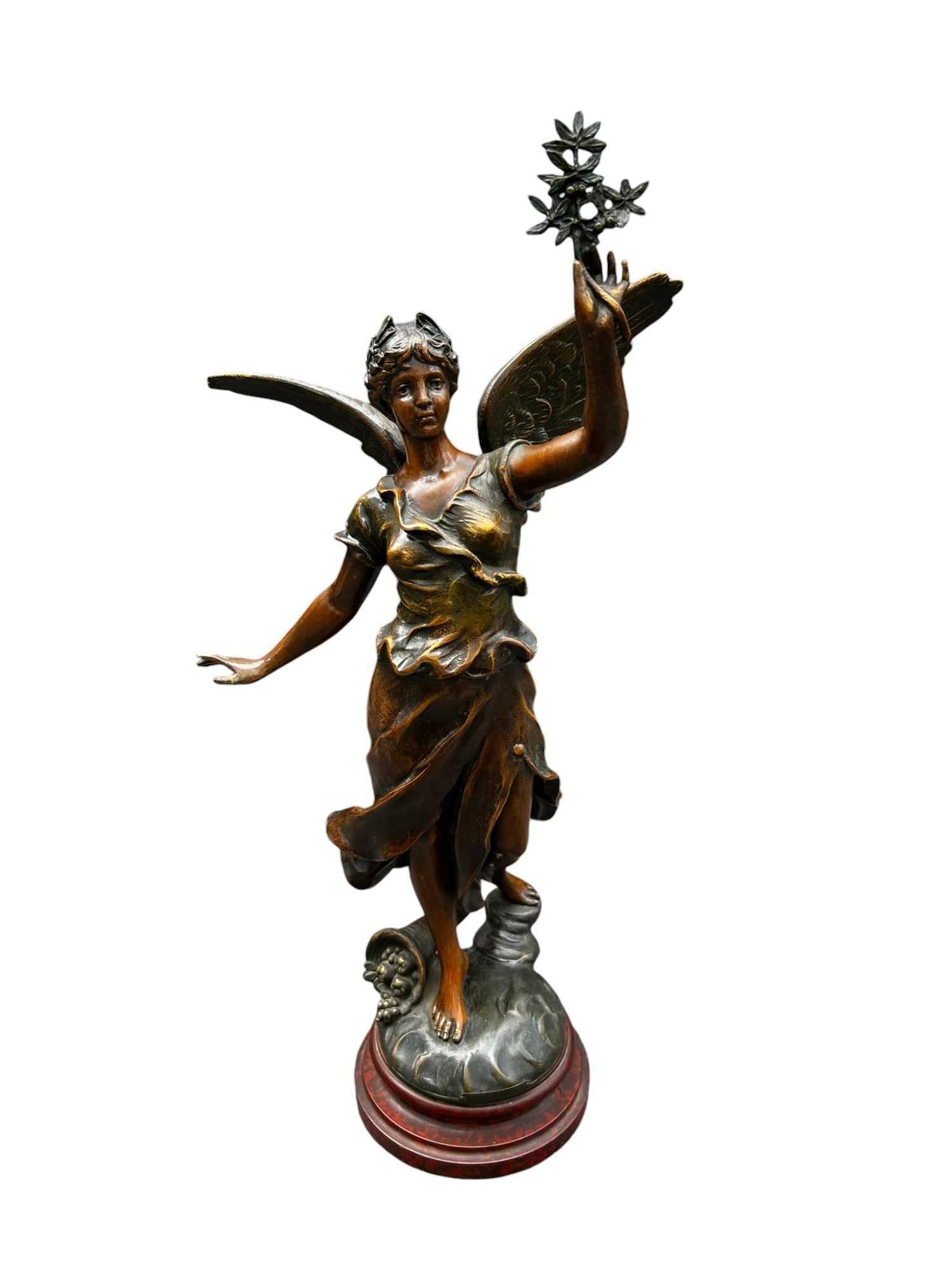 1900c A.J. Scotte, French Sculptor Spelter Bronze Winged Fama with Laurel Branch: This captivating early 1900s spelter bronze sculpture by French sculptor A.J. Scotte depicts Winged Fama, the Roman goddess of fame, holding a laurel branch. The piece beautifully captures the grace a