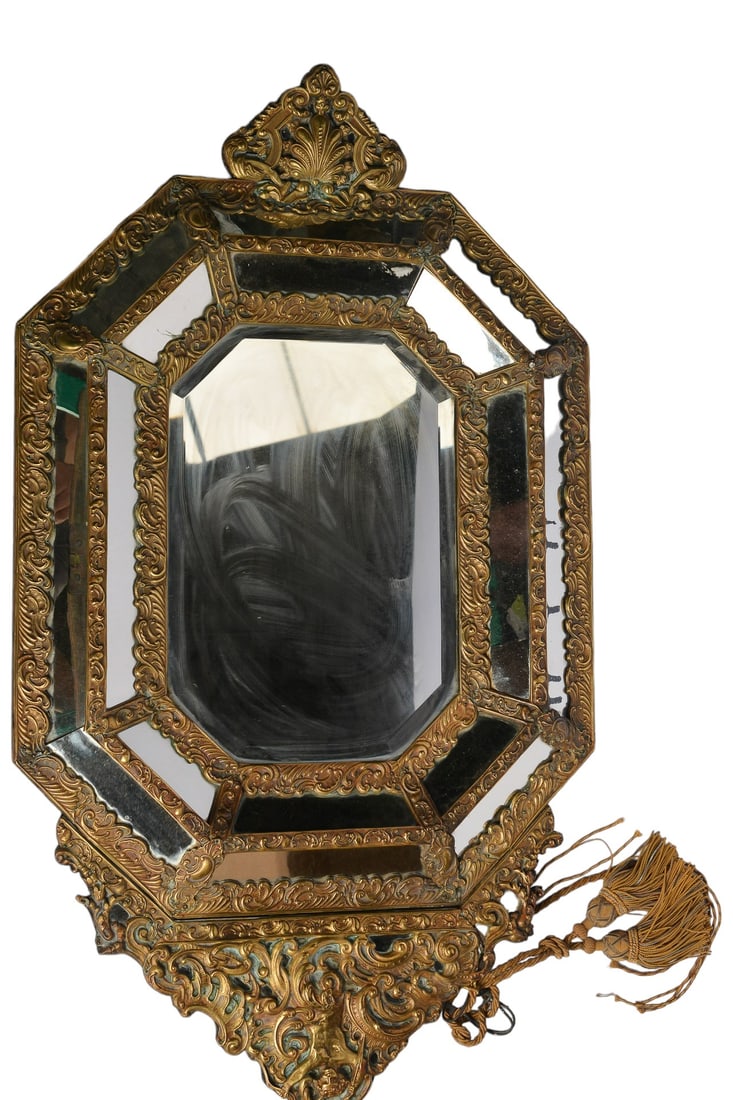 19th Century French Napoleon III Octagonal Repousse Brass Beveled Overlay Mirror (1 of 13)