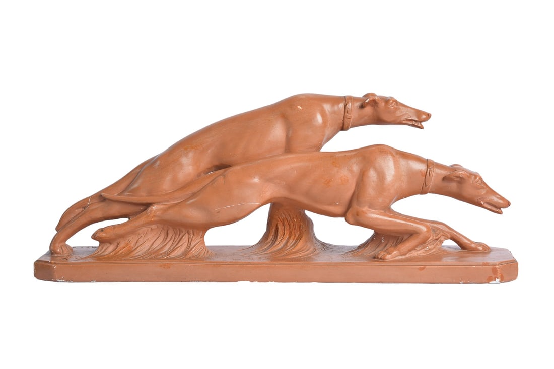 Art Deco Salvatore Melani Terracotta Two Greyhound Figures Statue (1902-1934) Italy (1 of 6)