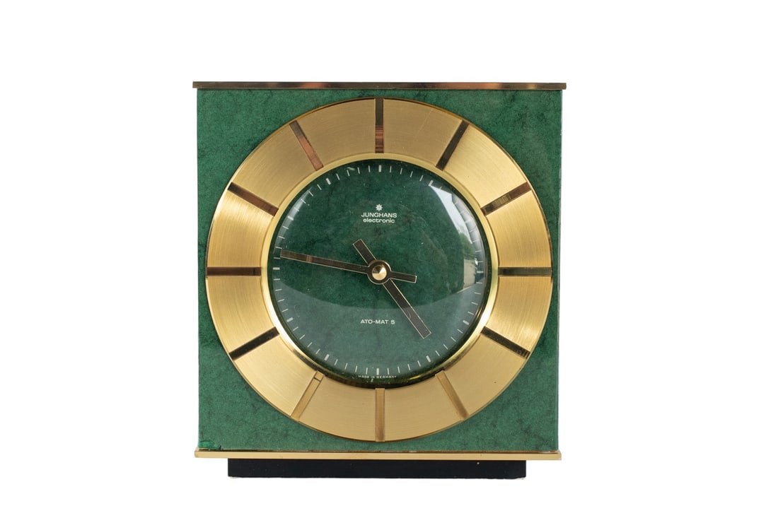 JUNGHANS Marble Green and Gold Mid Century ATO-MAT Table Desk Clock, Made in West Germany (1 of 8)
