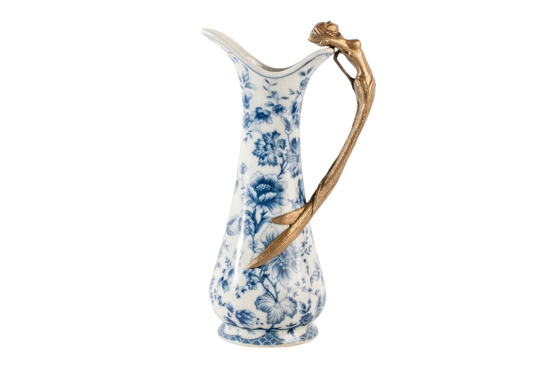 Antique WL Wong Lee Art Nouveau Porcelain And Bronze Mermaid Decanter: Step into a realm of timeless elegance with our Antique WL Wong Lee Art Nouveau Porcelain and Bronze Mermaid Decanter. Standing at 9.5 inches tall and adorned with meticulous details, this piece is a 