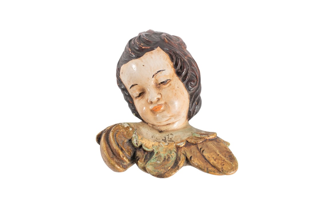 Antique Hand-Carved Gold Leaf Wood Cherub Putti with Polychrome Gesso Holzstoff Oberammergau (1 of 3)