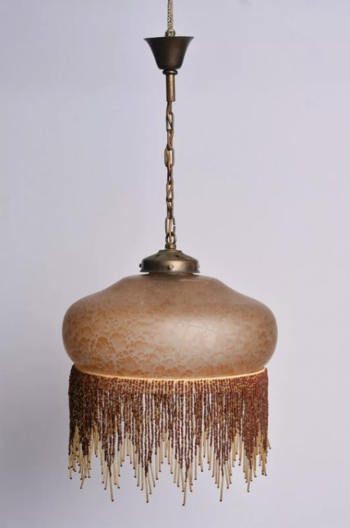 Vintage Art Deco Suspension in Beige Brown Glass with Bangs of Pearls, 1970s (1 of 5)