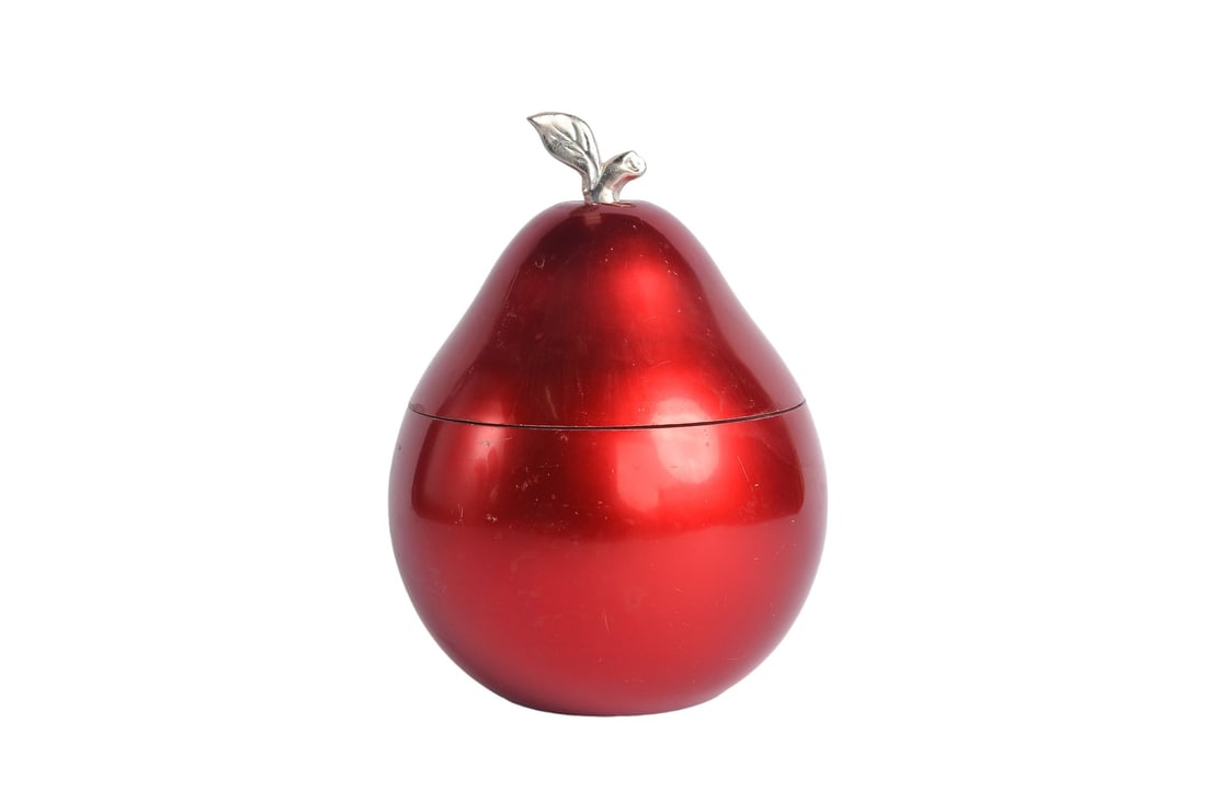 Art Deco Vintage Red Pear Sheet Metal Ice Bucket: Introduce a dash of Art Deco flair to your gatherings with our Vintage Red Pear Sheet Metal Ice Bucket. Crafted with attention to detail, this eye-catching piece features a charming pear motif in vibr