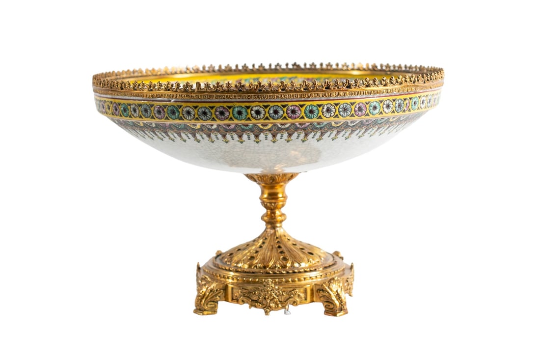 Original Early 19th Century French Porcelain Centerpiece Urn Bowl with Bronze Trim: Introducing a beautiful original early 19th Century French centerpiece urn bowl, that is a true luxury French craftmanship. The unique design and color of this antique centerpiece is sure to bring a b