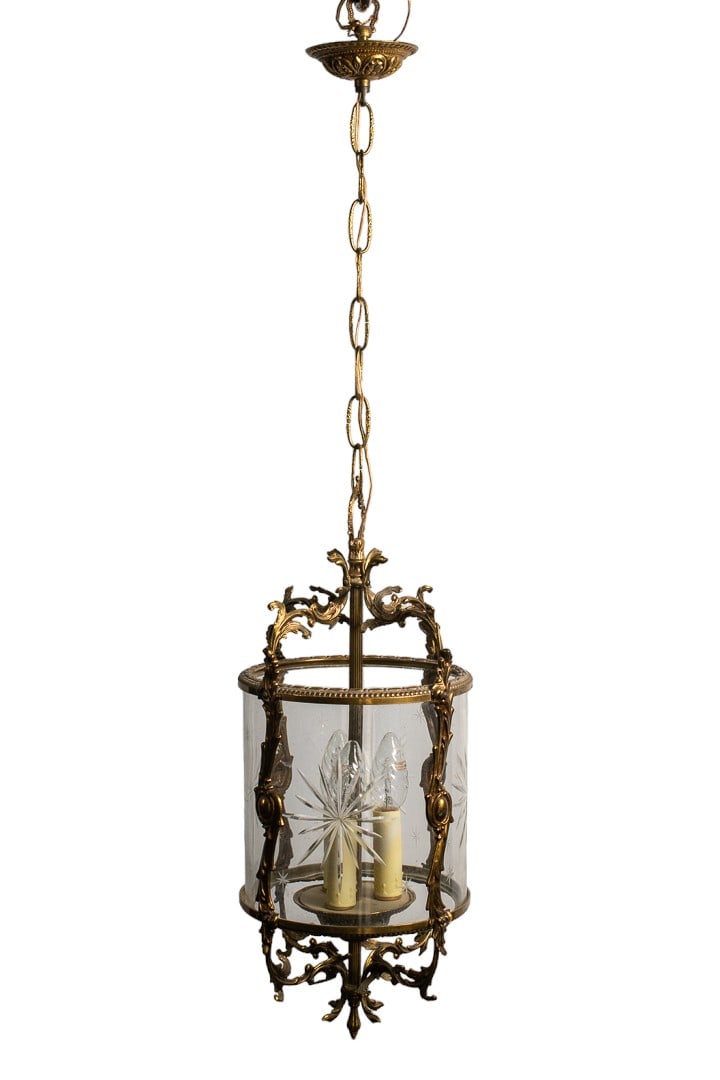 Elegant Antique Ceiling Lantern In Glass and Gilt Brass, France 1920c (1 of 11)