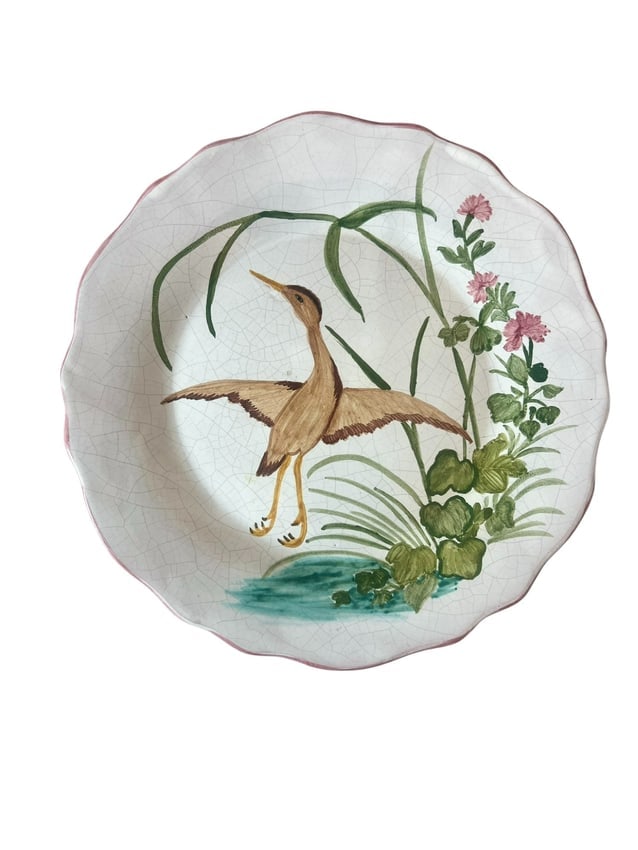 Antique Enameled Ceramic Plate Dish with Contoured Edge Decorated in Pond with Flying Egret (1 of 7)