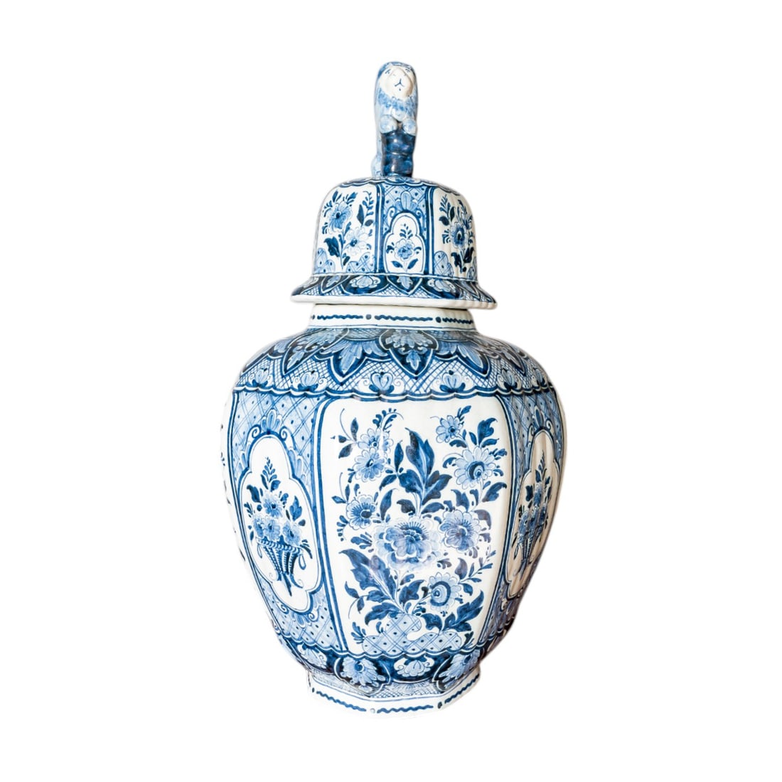 Mid-20th Century Dutch Royal Delft Blue and White Floral Earthenware Lidded Ginger Jar Urn Vase, (1 of 4)
