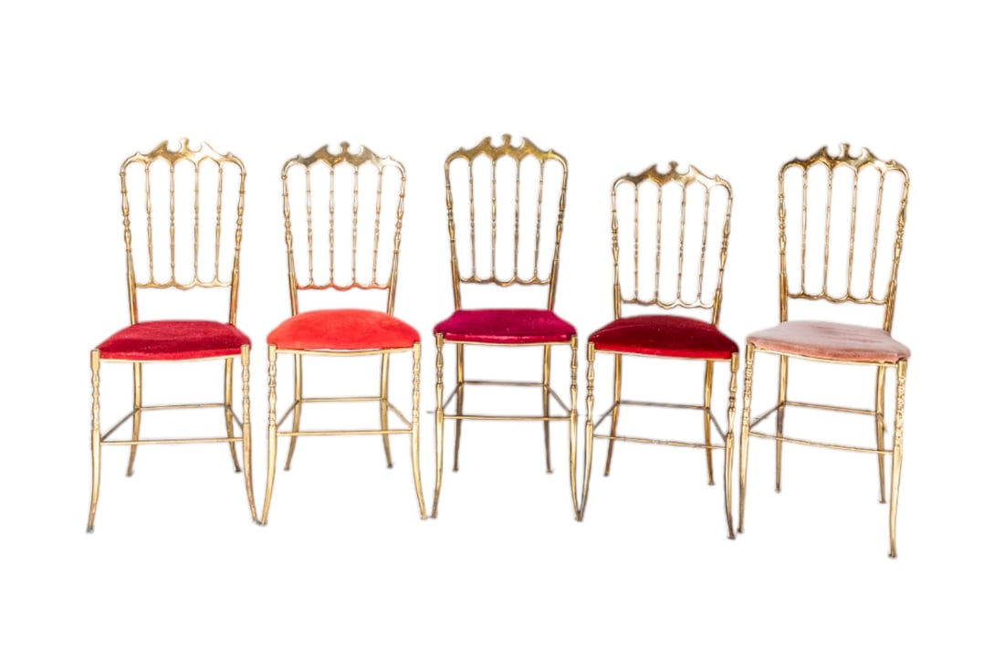 1960s Mid Century Italian Polished Brass Red Velvet Chiavari Chairs Set of 4 (1 of 4)