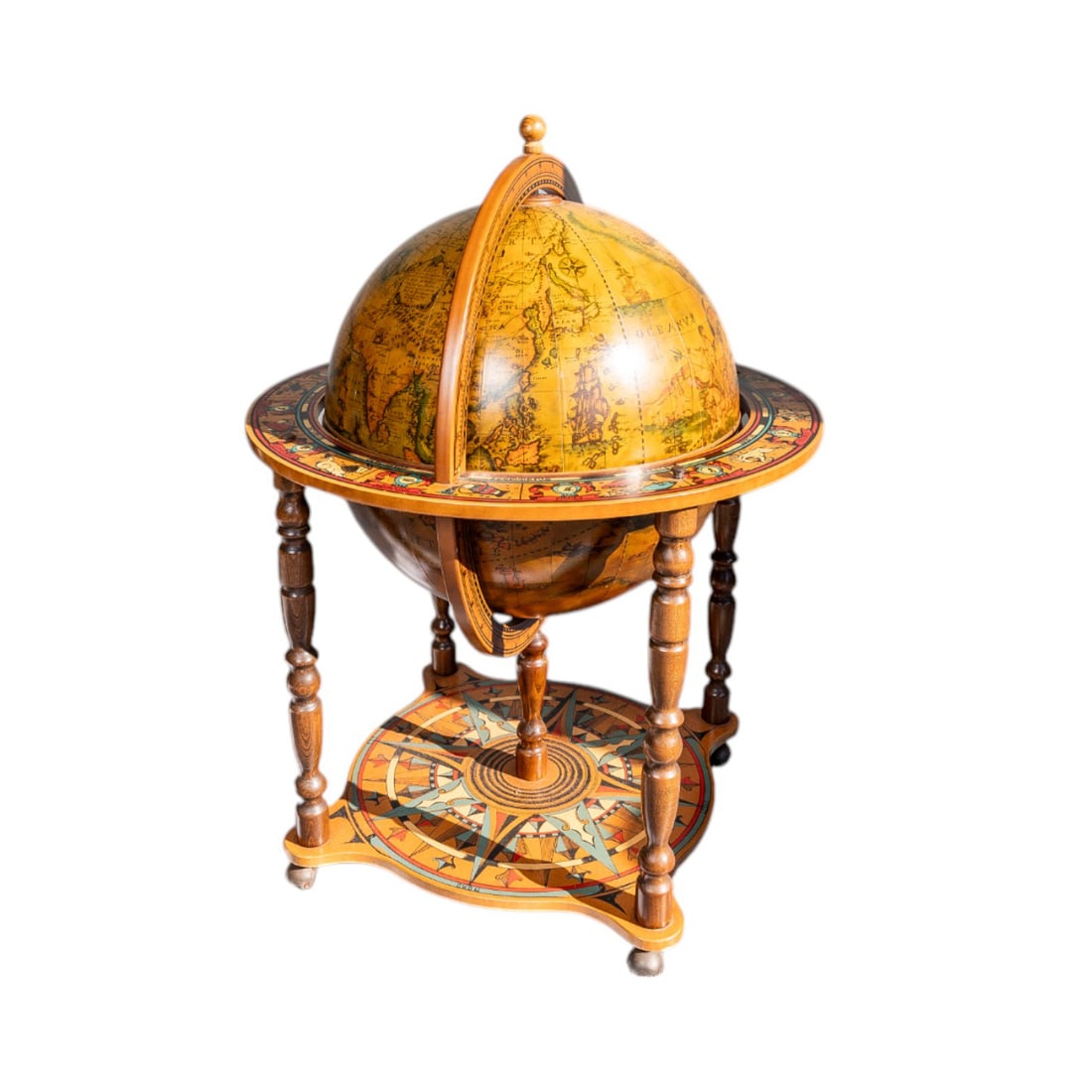 Italian Mid-Century Terrestrial Zodiac Globe Bar Cart: This Italian Mid-Century Terrestrial Zodiac Globe Bar Cart is a stunning combination of functionality and vintage charm. Designed with a terrestrial globe exterior, it opens to reveal a spacious stora