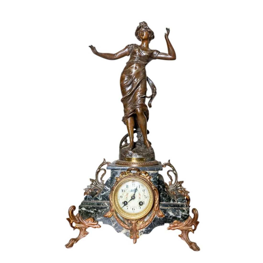 Antique Art Nouveau French Spelter Gilt Bronze Onxy Marble  Figurative Mantel Clock - Stampled Danse (1 of 8)