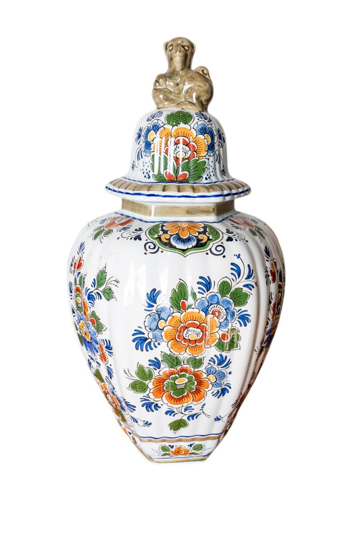 Antique Royal Delft Flora Flower Ceramic Polychrome Covered Baluster Vase #2 - Stamped #455 (1 of 4)