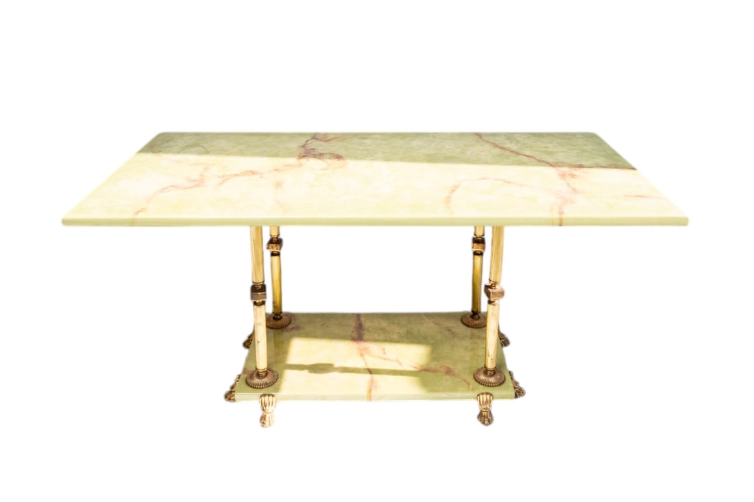 French Mid-Century Coffee or Cocktail Low Table of Brass With White Beige Onyx Marble Top (1 of 6)
