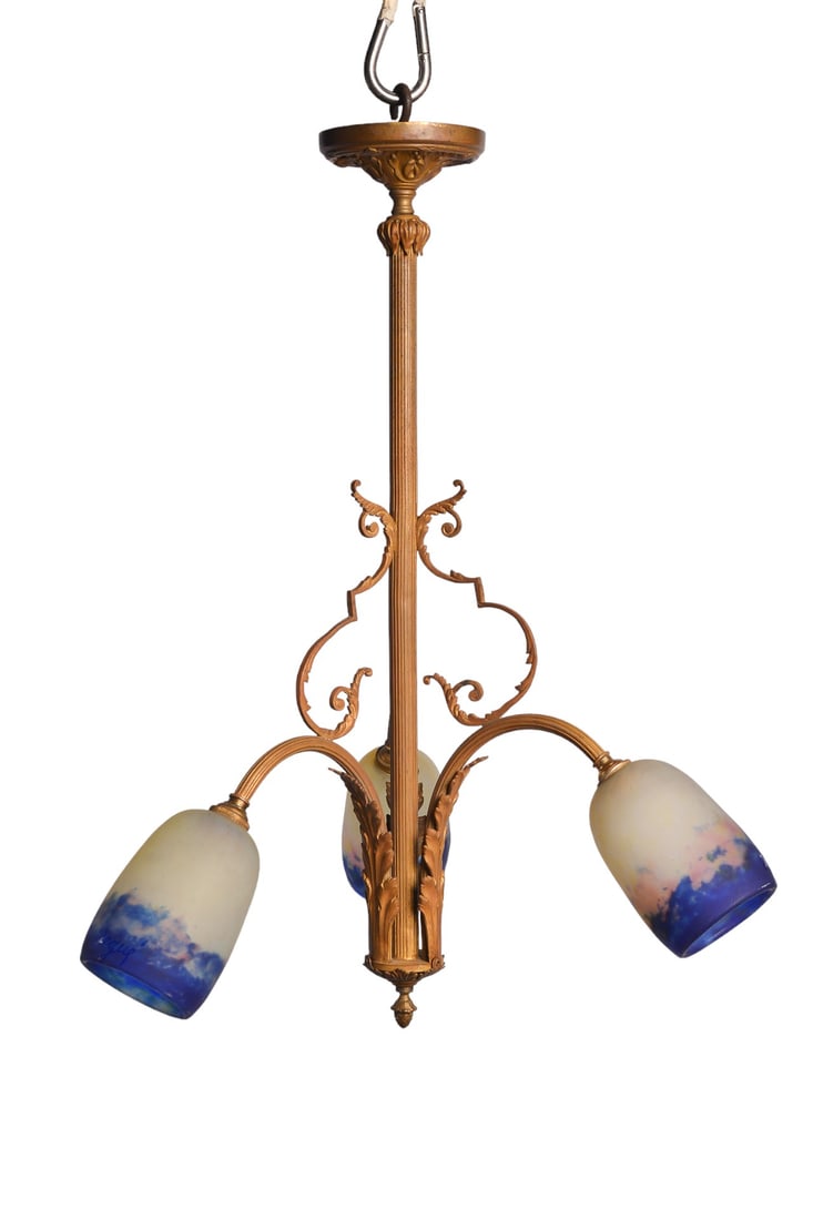 Art Deco French Blue Cameo Glass 3-Arm Chandelier Lamp with Gilt Bronze Mounts Signed by Degue (1 of 9)