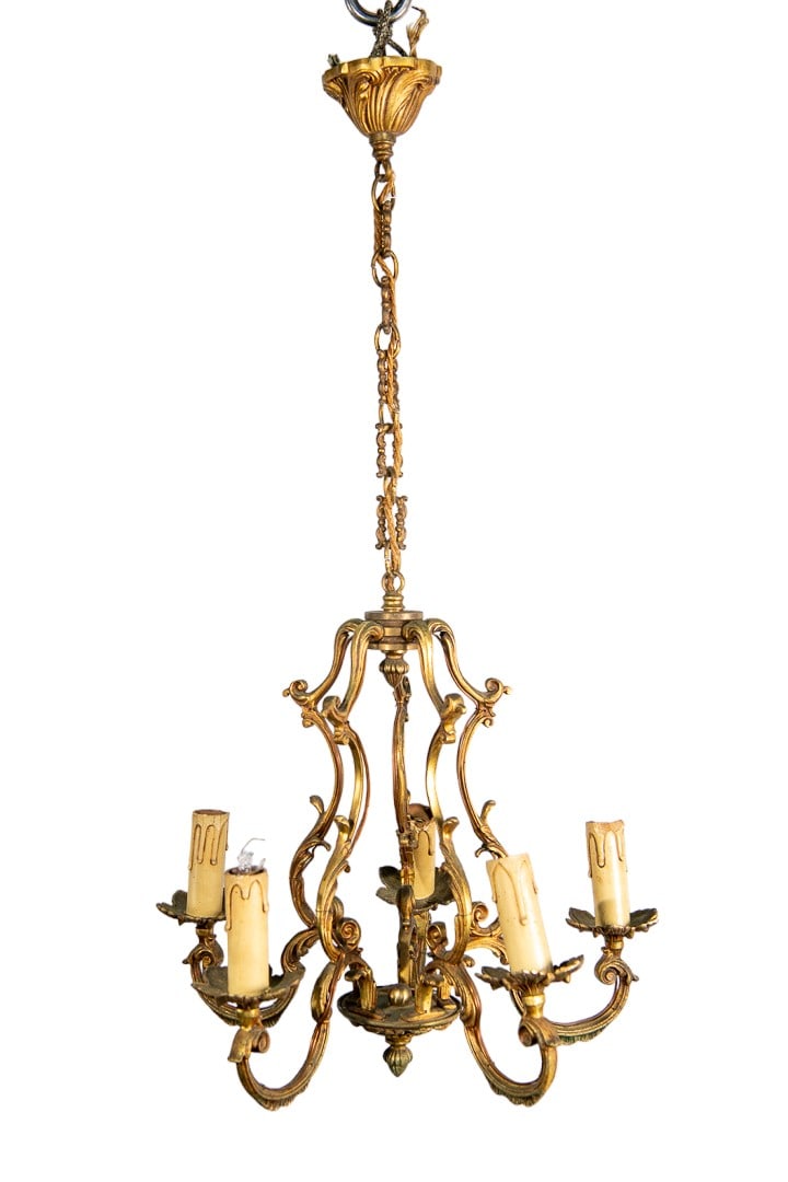1900c French Bronze Art Nouveau 5 Light 3 Sided Cage Chandelier (1 of 8)