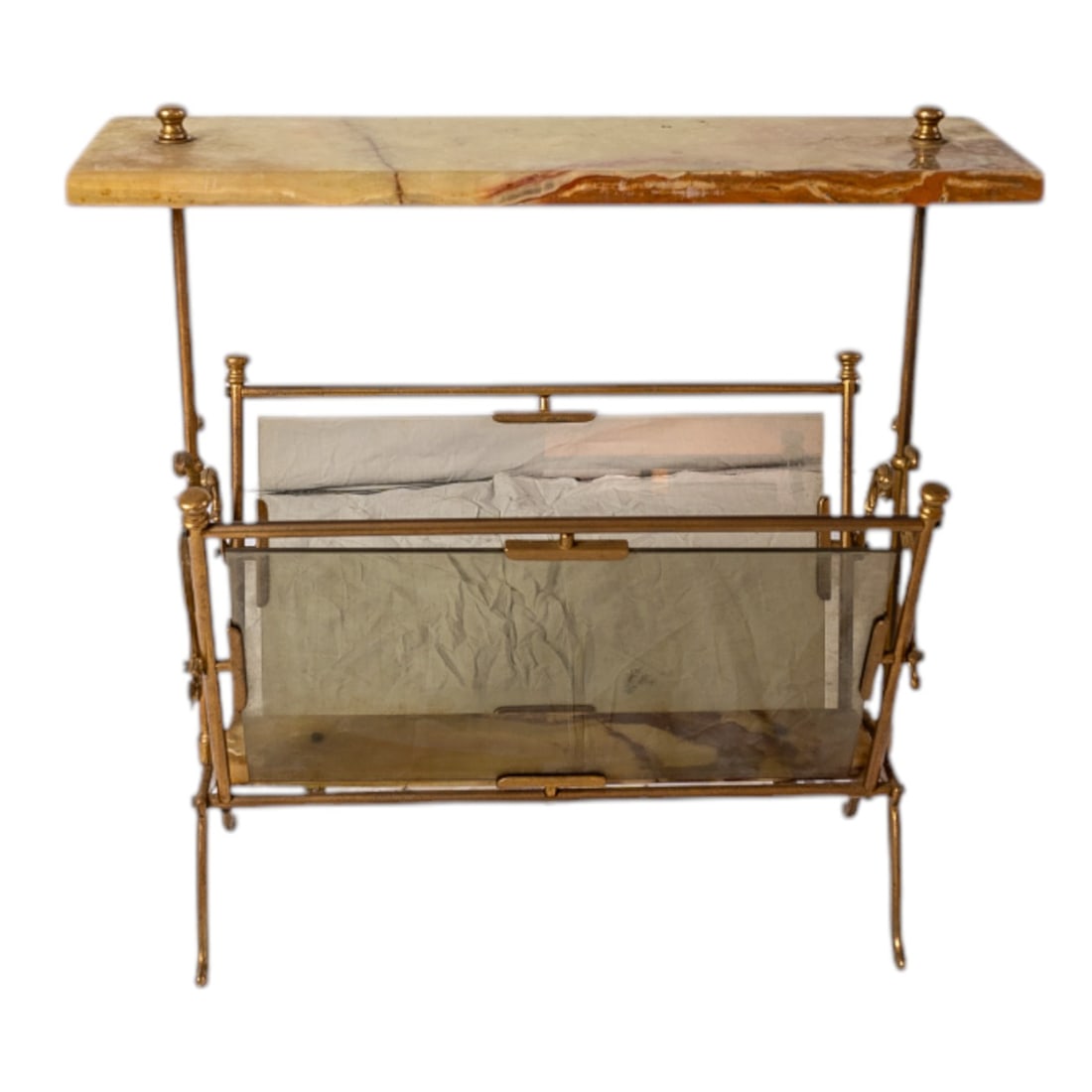 Vintage Mid Century Modern Magazine Newspaper Basket Side Table Brass Onyx Smoked Glass (1 of 5)