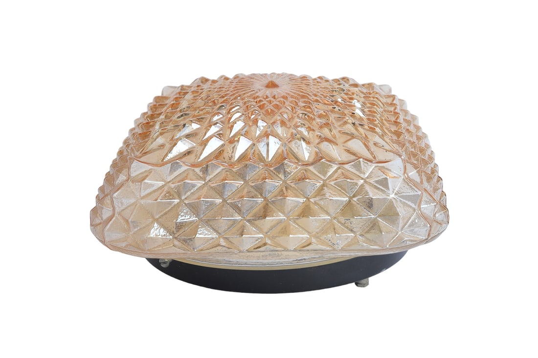 Mid Century Diamond Shell Cut Clear Peach Color Glass Pattern Flush Mount Ceiling Light (1 of 7)