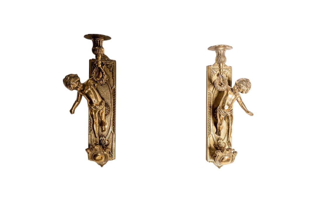 19th Century Italian Art Nouveau Antique Bronze Cherubs Candle Wall Light Sconces (1 of 4)