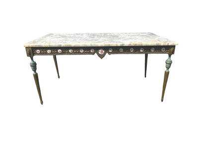 Louis XVI Solid Brass Ormolu Coffee Table with Gained Marble Top: This exquisite Louis XVI solid brass ormolu coffee table features a luxurious gained marble top and elegant Limoges porcelain plaques adorning the mount face, enhancing its timeless charm. The intrica