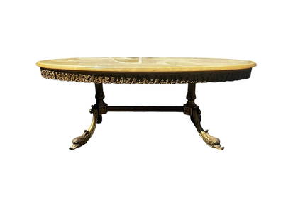 Mid-Century Vintage Solid Brass and Onyx Marble Koi Fish Coffee Table: This stunning Mid-Century vintage coffee table features a solid brass frame and an elegant onyx marble top. The unique design showcases intricate koi fish legs, adding a touch of artistic flair to the