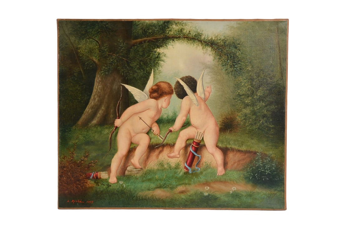 Antique Neoclassical Oil Painting of Angel Cherubs Putti Signed by L. Riche 1899: Introduce timeless beauty to your collection with this Antique Neoclassical Oil Painting of Angel Cherubs Putti, signed by L. Riche in 1899. Measuring 0.75" D x 25.75" L x 21.35" H (1.91 cm x 65.41 cm