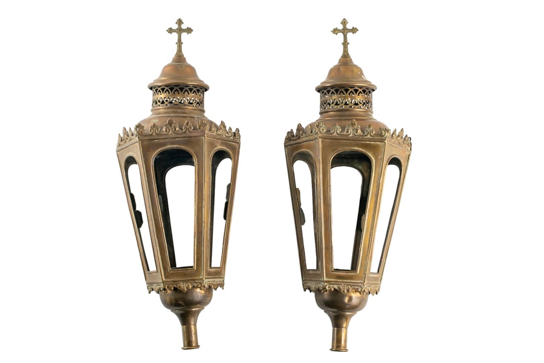 Antique Religious Church Brass Lantern Light Candle Holder (Pair) (1 of 7)