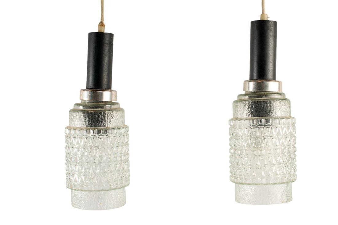 Mid Century Hollywood Regency Ice Diamond Cut Glass Suspension Ceiling Lights (Pair) (1 of 4)