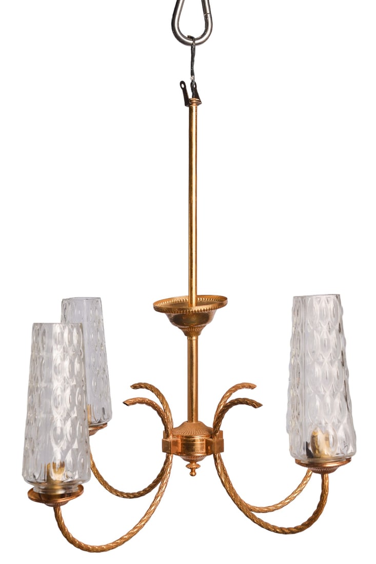 Mid-Century European 4-Arm Gilded Brass Glass Tulip Globe Chandelier (1 of 8)