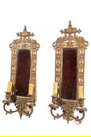 Pair of Original 19th Century Bronze Neoclassical BRADLEY & HUBBARD Gilt Mirrored Candle Wall Scones (1 of 3)