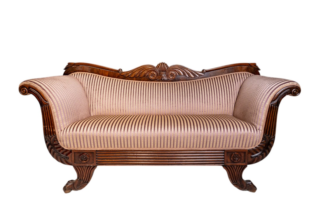 19th Century Antique Napoleon III French Regency Mahogany Gondola Canape Sofa: This 19th Century Antique Napoleon III French Regency Mahogany Gondola Canapé Sofa is a masterpiece of elegance and craftsmanship. Featuring a gracefully curved gondola-style frame, rich mahogany woo