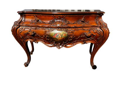 (RARE) 18th Century Antique Italian Rococo Baroque Walnut 3-Drawer Bombe Commode Dresser: This rare 18th Century Italian Rococo Baroque walnut 3-drawer bombe commode dresser showcases exquisite craftsmanship and timeless elegance. Crafted from rich walnut, this piece features ornate
