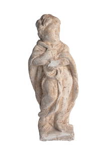 18th Century Limestone Boy Figural Garden Sculpture: Embrace timeless charm with this 18th Century Limestone Boy Figural Garden Sculpture, it exudes artistic allure. Standing at 18.5" in height and measuring 9.0" in length and 6" in depth (46 cm x 22