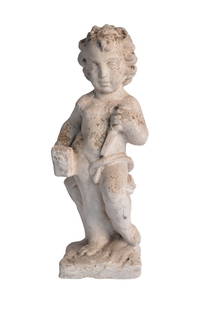18th Century Limestone Boy Figural Garden Sculpture Holding Hammer and Railroad Nail Spike: Embrace timeless charm with this 18th Century Limestone Boy Figural Garden Sculpture Holding Hammer and Railroad Nail Spike, it exudes artistic allure. Standing at 20.5" in height and measuring 8.0"