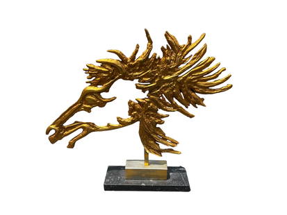 Original 1970s French Brutalist "Cheval" Horse Sculpture on Marble Base by Philippe Cheverny: A striking original 1970s French Brutalist "Cheval" horse sculpture by renowned artist Philippe Cheverny. This captivating piece features a stylized horse crafted with bold, angular lines, embodying