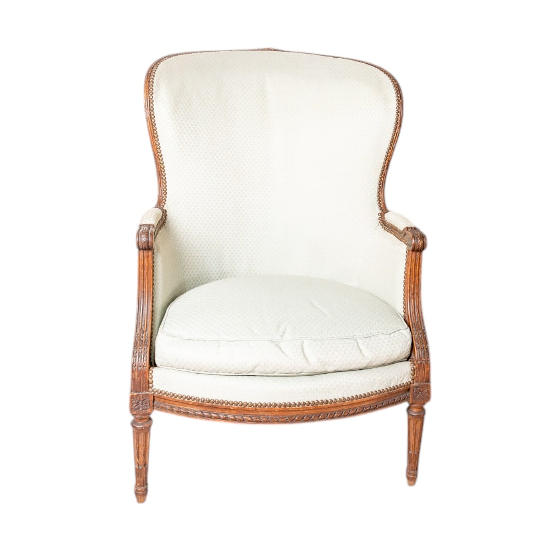Early 20th Century French Louis XVI Style Hand Carved Walnut Bergere Chair with White Upholstery (1 of 13)